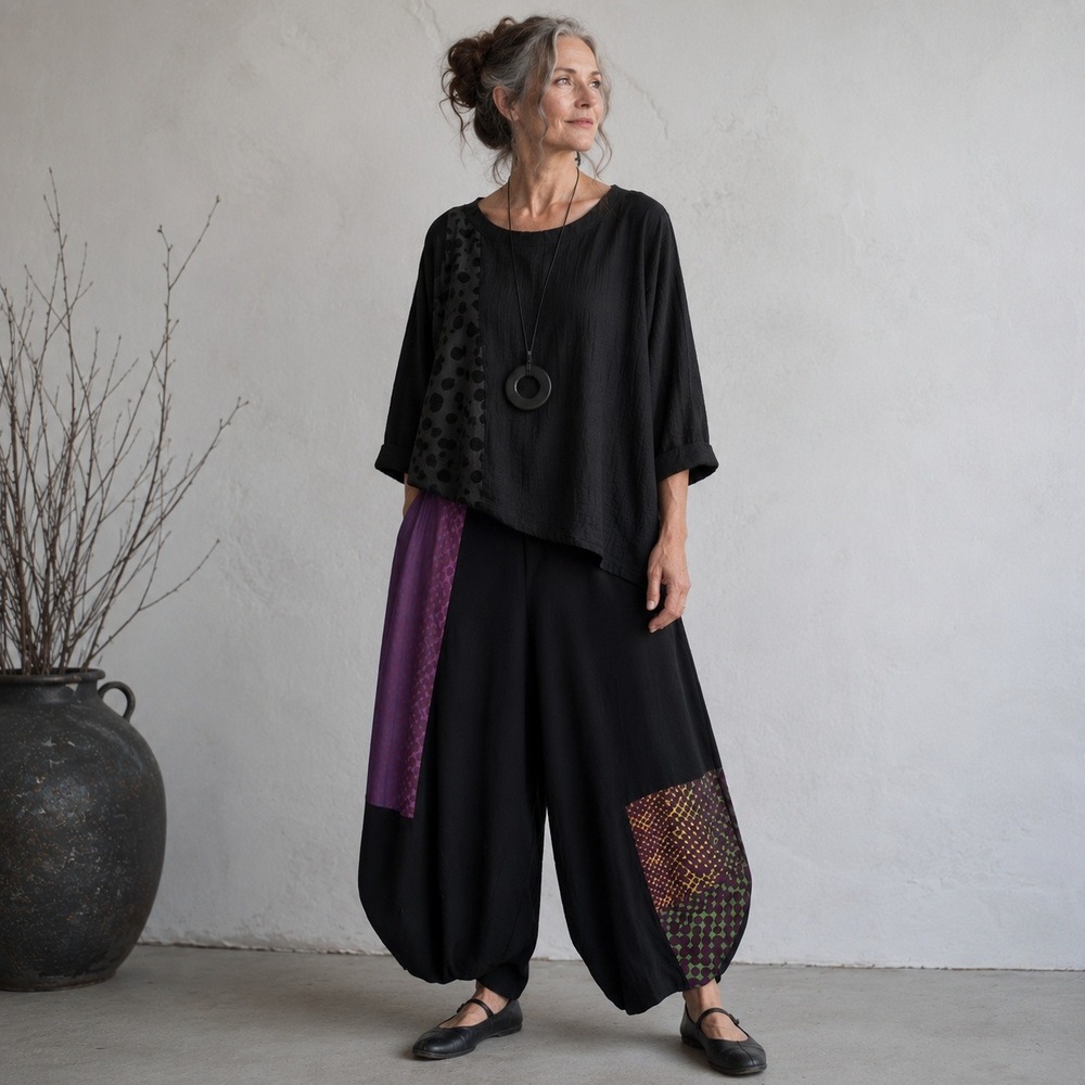 Tekbika by Alembika Harem Pants Sz 5 US 14-16 Black Multi Lagen Patchwork Artsy